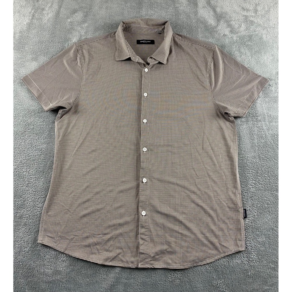 Kenneth Cole New York Mens Brown Gingham Short Sleeve Button Down Shirt Large